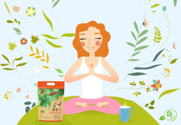 Meditierende Yoga Frau mit Share Original Pflaumen Packung